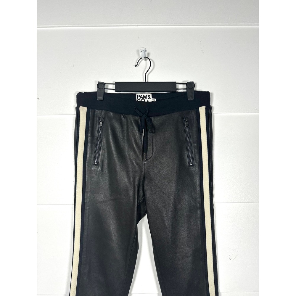 Pam & Gela Lambskin Track pants women's M leather stripe moto luxury $795 skinny - Picture 12 of 12